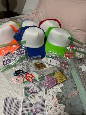 Trucker Hats White Front w/Blue, Green, Red, Orange,Yellow. Many iron on patches